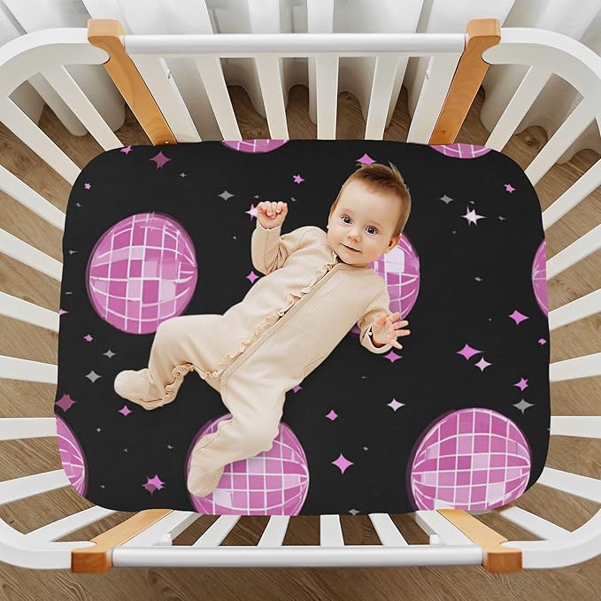 Baby Crib Sheet Pink Groovy Disco Ball Crib Mattress for Boys and Girls Playard Sheet Soft Breathable Fitted Baby Mattress Cover 52x28in