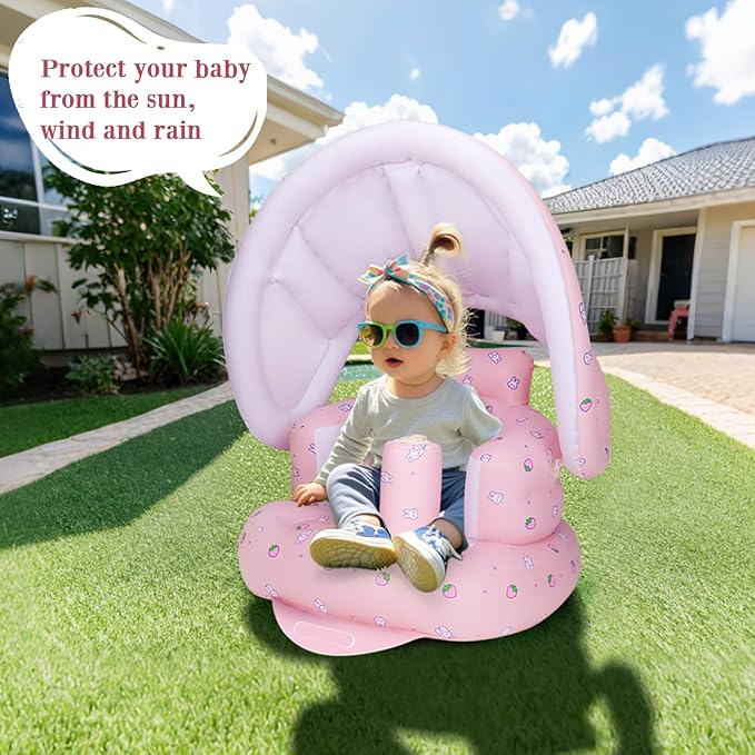 AirSwim Inflatable Baby Seat with Detachable Canopy and Built-in Pump, Inflatable Baby Chair for Babies 3 Months and Up, Sit Me Up Chair for Outdoor Indoor, Bumbo Seat for Infants, Strawberry