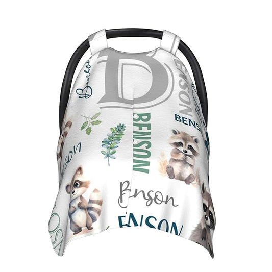 Personalized Winter Car Seat Covers for Babies with Name Raccoon Minky Baby Car Seat Cover for Boys Girls Custom Infant Carseat Covers Baby Blanket Nursing Cover Breastfeeding Scarf