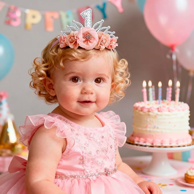 cherrboll Baby Girl Birthday Crown Floral Headband, Soft Flower Head Wrap Tiara Hairband for 1-3 Years Old Toddlers Kids First 1st Birthday Party Dress Photo Decoration