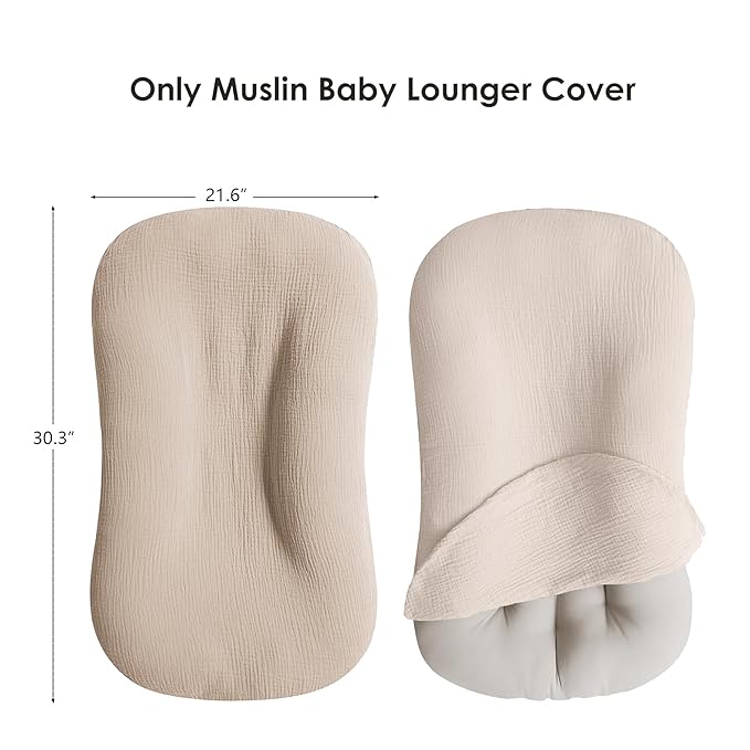 MairMore Muslin Baby Cover for Newborn, Soft and Breathable 100% Cotton Lounger Slipcover Neutral, Pack of 2(Clay)