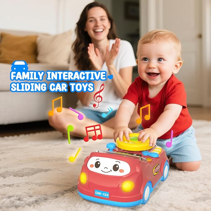 Toys for 1 Year Old Boy Gifts - 2-in-1 Toddler Push Car & Musical Racing Adventure Steering Wheel Driving Game, Interactive Simulated Driving Car for Baby 12-18 Months,Birthday Gift Ages 1-2,Light Red