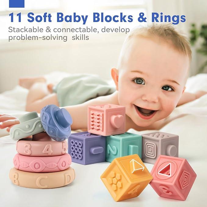 SpringFlower 3 in 1 Montessori Toys for Babies 0-3-6-12 Months, Rattle Teether & Baby Blocks & Soft Stacking Rings, Sensory Developmental Education Toys,Gift for Toddler Baby 0-3-6-12-18 Months