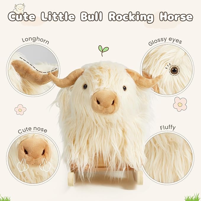 Baby Rocking Horse,Highlander Cattle Toddler Rocking Toy for 1+ Year Old Cute White Cow Stuffed Cow Rocker Toy Rocking Animal for Baby Boys and Girls Nursery/Child Christmas or Birthday Gift