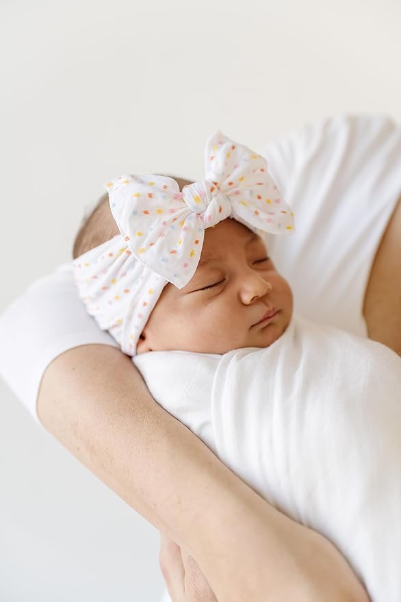 Baby Bling Bows - Newborn to Little Baby Girl Bows, 2 Pack Nylon Super Soft Stretchy Knot Toddler Headbands, Perfect Hair Accessories Head Bands for Infant Kids(White Rainbow Dot & Zinnia)