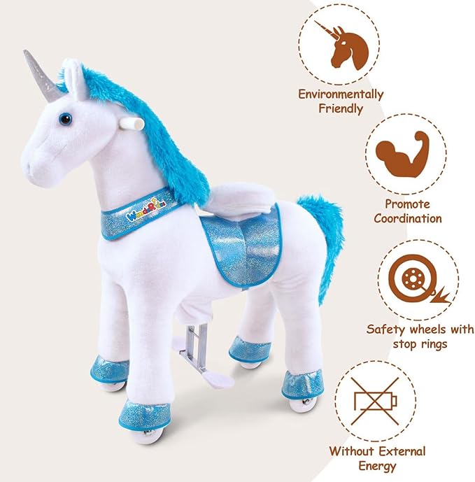 WondeRides Ride on Horse Pony Unicorn Riding Horse Toys Pony Rider Rocking Horse, 30.1 inch Height Plush Walking Animal Mechanical Rocking Horse with Wheels (Blue-White, Size 3 for Age 3-4) M331-1