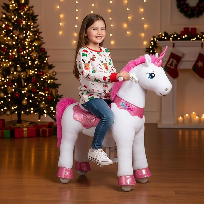 PonyCycle Unicorn Ride on Toys for Girls Horse Spirit Toys, Essential Model E Size 4 for Kids Age 4-8/35.4" Height, Birthday Gifts Plush Walking Animal Giddy up Riding Toys Ride on Pony Pink E412