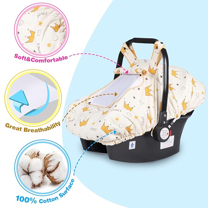 SMTTW Baby Car Seat Cover - Universal Fit, Snug, Breathable, Canopy for Boys/Girls, Ideal for All Seasons (Crown)
