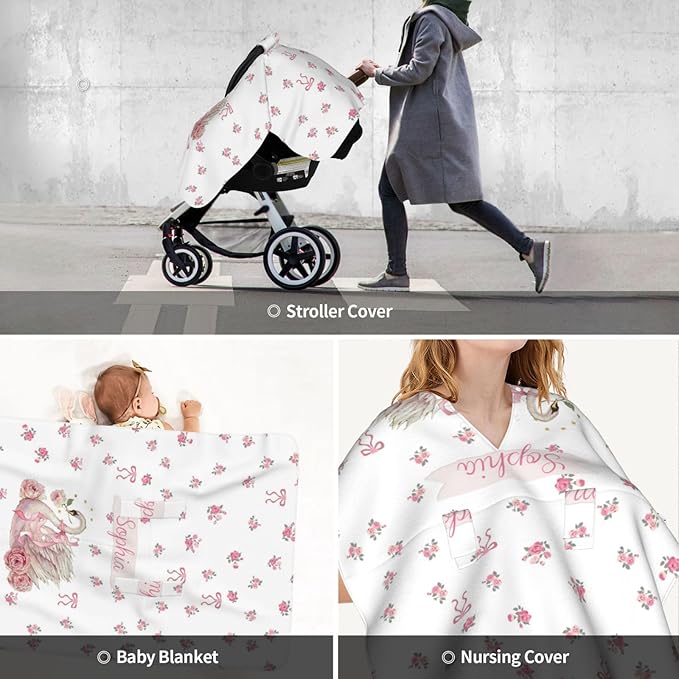 Custom Baby Car Seat Canopy with Name, Personalized Stroller Baby Car Seat Covers for Girls, Minky Nursing Carseat Cover for Breastfeeding, Car Seat Canopies for Infant Newborn(Floral Swan)