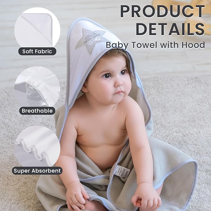 Softan Baby Hooded Towels and Washcloths Set 6 Pack, 28x28 Ultra Soft & Absorbent Baby Bath Towels for Newborn Infant Toddler, Unisex Boys Girls (Grey Star)