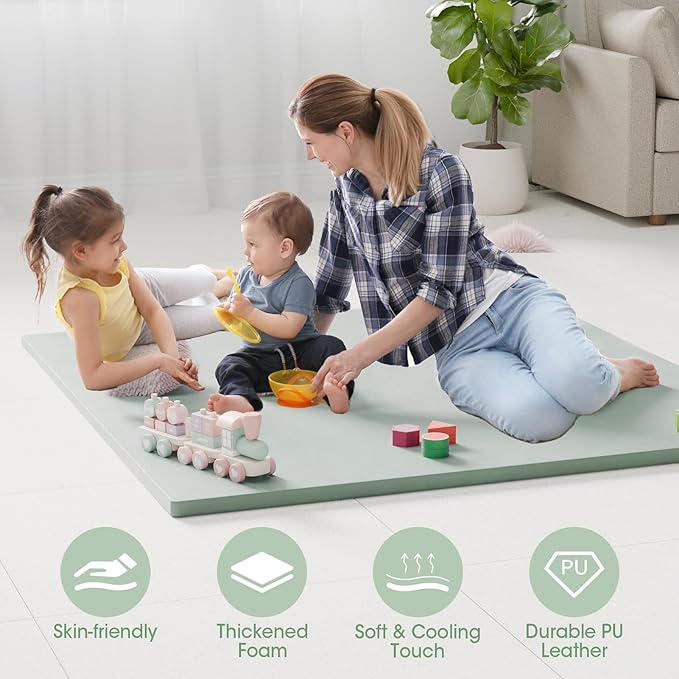 Comehealthy Baby Play Mat for Floor, 50x50 Vegan Leather Playpen Mat, Thickened Foam Cushioned Mat for Infants and Toddlers, Waterproof, Non-Slip & Stylish Playmat for Babies, Easy to Clean, Green