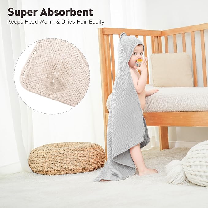 Susurration 2 Pack Thick Muslin Baby Towels, 100% Cotton Soft and Absorbent Baby Bath Hooded Towel for Newborn, Infant, Girls, Boys, Baby Essentials