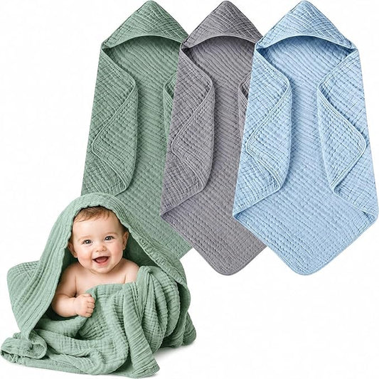Momsnug 3-Pack Muslin Hooded Baby Towels, 100% Cotton, Ultra-Soft & Absorbent Baby Bath Towels with Hood for Babies, Infant, Toddler and Newbron(35 X 35 Inch) (Green + Grey + Blue)
