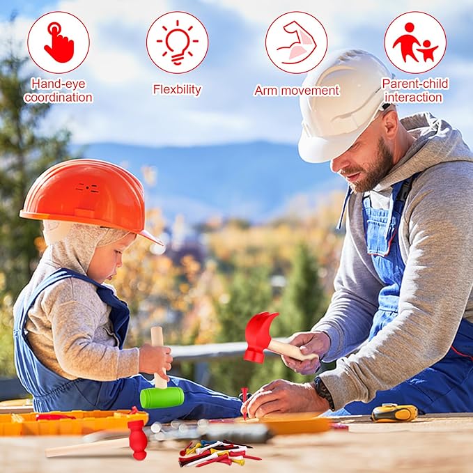 12Pcs Hammer Toys with 100Pcs Small Wooden Hammer Simulation Fake Hammer Maintenance Tools,Toy Hammer Plastic Toddler Claw Hammer Portable Toys Pretend Play Fake Mallet Hammer for Boys Girls