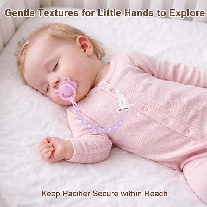 Silicone Pacifier Clip Holder with One-Piece Beads, 4 Packs Soft Flexible and Rust-Free Binky Pacifiers Clips for Teething Relief Baby Essentials Accessories, Safe for Boy and Girl