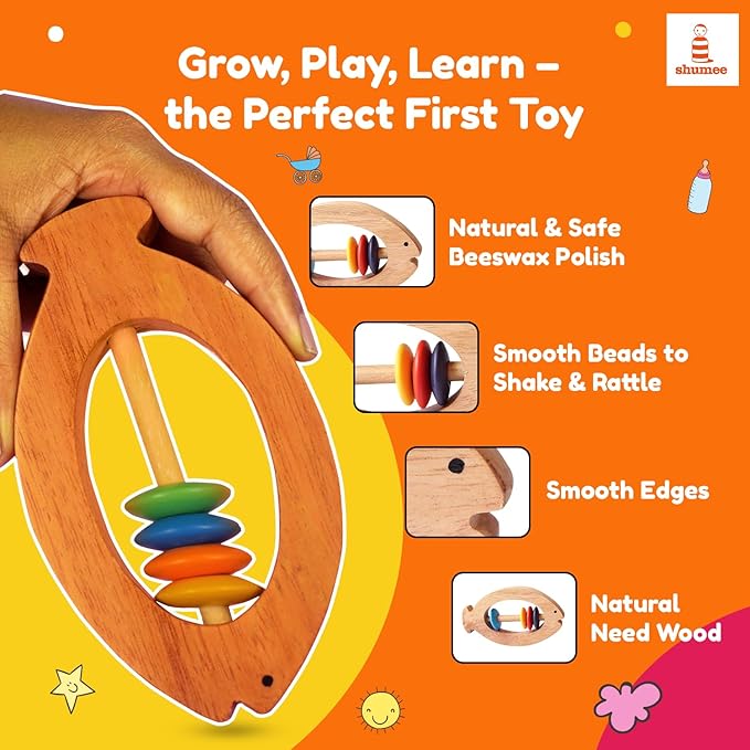 Shumee Wooden Fish Rattle Rings and Teethers for Infants | Sensory Toy | 100% Safe, Natural & Eco-Friendly | 6 Months+