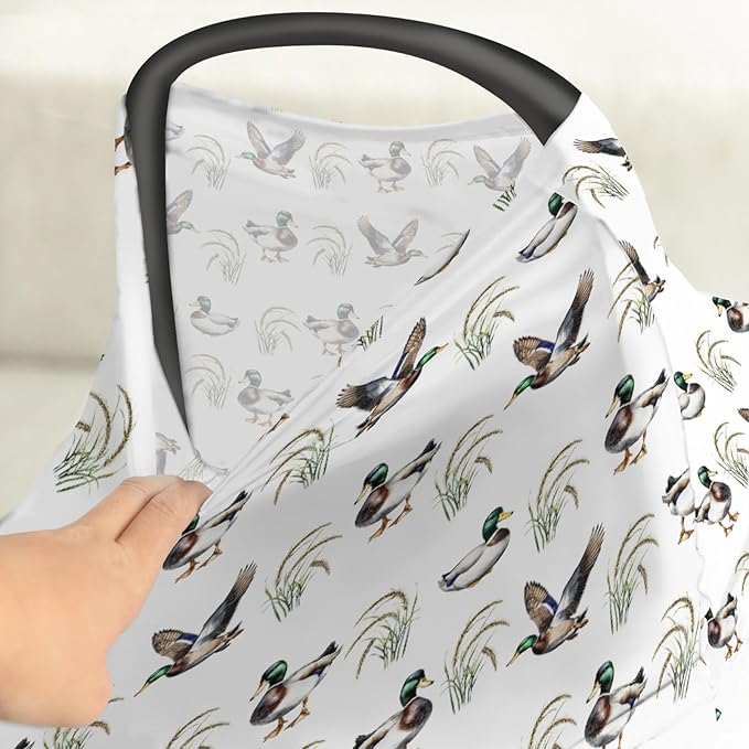 Vintage Mallard Duck Baby Car Seat Covers Green Ducks Lake Stretchy 5-in-1 Cover Adjustable Infant Carseat Cover Canopy Hunting Ducks Breathable Nursing Cover-Up