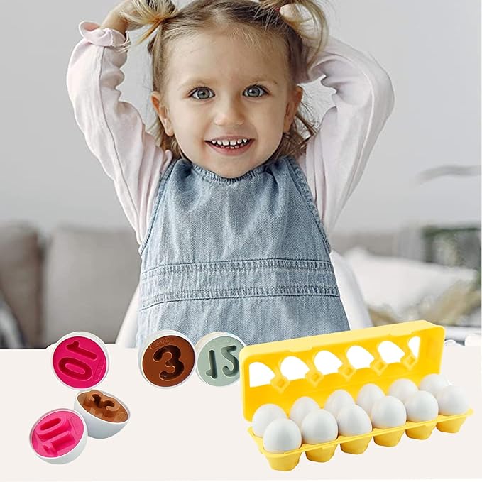 Dimple 12 Play Numbers Egg Matching Toy Play Matching Eggs Easter Toy w/Holder - Egg Toys for Toddlers STEM Egg Toys Colors & Shapes Recognition for Kids -Educational Color Sorting Toy