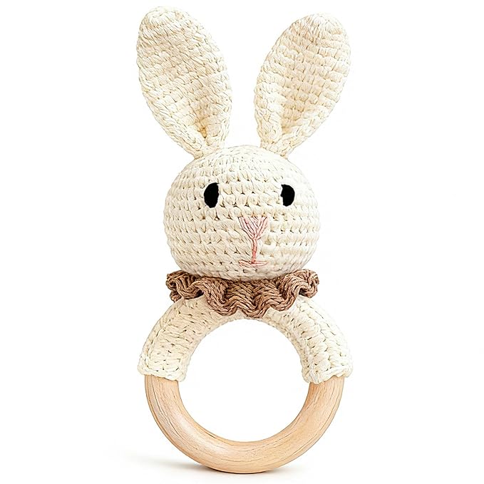 Baby Rattle Toys, Handcrafted Crochet Bunny Rattles with Wooden Teething Ring, Organic Newborn Toy Crochet Stuffed Animal Rattle Baby Announcement Ideas, Beige