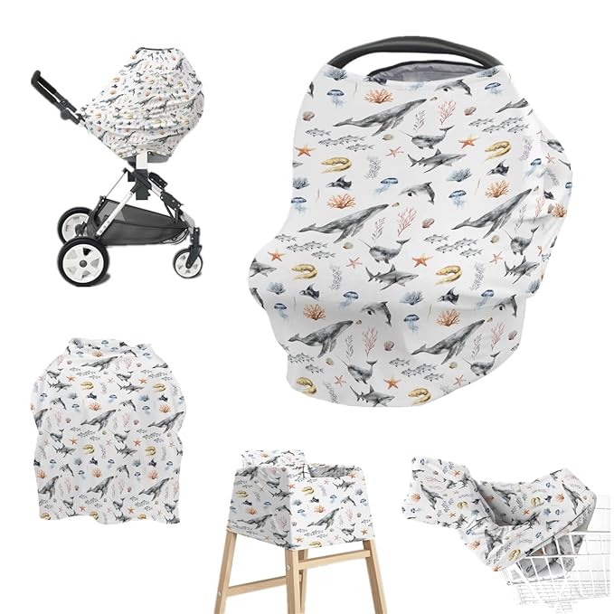 Baby Boys 5-in-1 Car Seat Covers Under Water Sea Animals, Ocean Creature Whale Fish Multi-use Privacy Nursing Breastfeeding Cover, Marine Life Carseat Canopy Carrier Newborn Infant Shower Gift