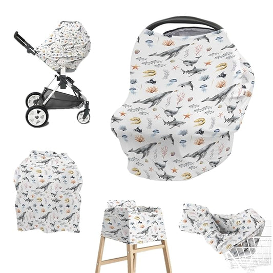 Baby Boys 5-in-1 Car Seat Covers Under Water Sea Animals, Ocean Creature Whale Fish Multi-use Privacy Nursing Breastfeeding Cover, Marine Life Carseat Canopy Carrier Newborn Infant Shower Gift