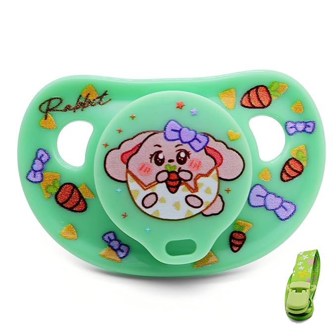 Adult Pacifier for Anxiety: Cute Paci Large Shield for Sleep - Handle Binky with Pacifier Holder Clips Cute Rabbit Green