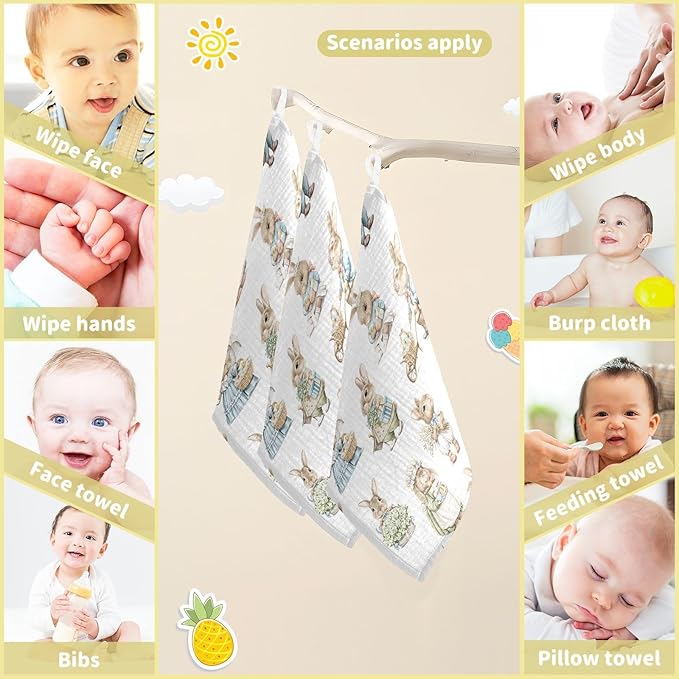 vvfelixl Easter Rabbits Bunny Baby Burp Cloths Baby Muslin Washcloths for Boys Girls Cotton Baby Face Towel for Newborn Infants Soft and Absorbent 11.8 X 11.8 in, 5 Pack