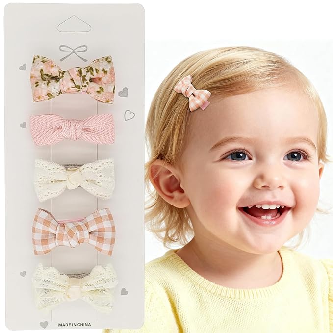 Delicate Baby Hair Clips Set - Floral, Gingham & Lace Toddler Hair Clips, All Fabric Wrapped Duckbill Clips for Baby & Toddler(5-Pack)