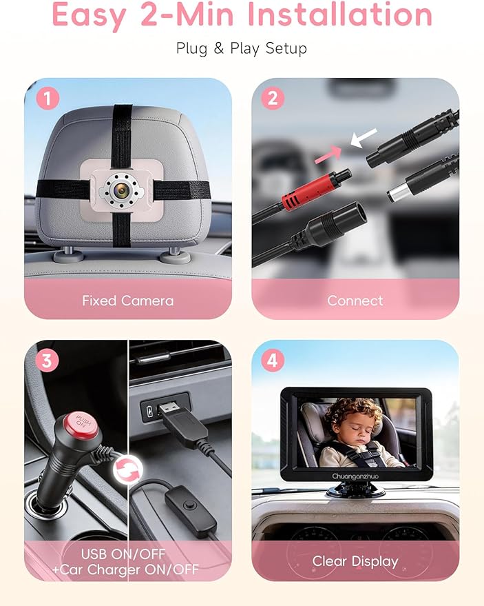 S100C Car Baby Camera USB Powered, Crystal Clear Auto IR Night Vision in Total Dark, Adjust Brightness & 1080P 5" IPS Monitor, 3X Zoom & 360 Rotating Backseat/Carseat Camera for Car Baby Monitor
