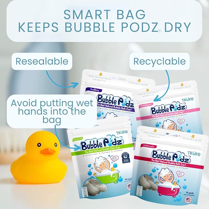 TruKid Bubble Podz Bubble Bath for Kids, Toddlers, & Babies, Tear Free Gentle & Refreshing Bath Bomb for Sensitive Skin with Natural Moisturizers, Non-Toxic, pH Balanced, Yumberry Scent (24 Podz)