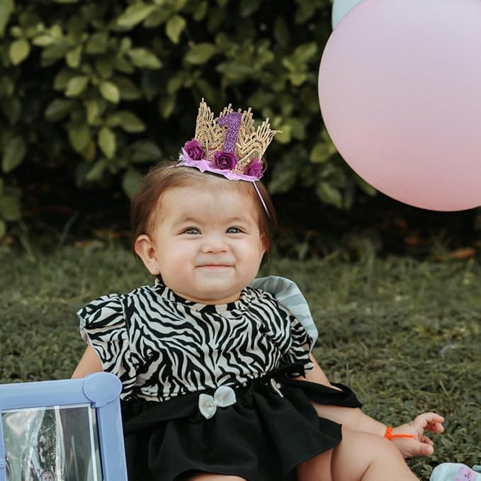1st Birthday Tiara Headband for Baby Girl - Glitter Number Tiara, Flower Headband, Toddler Infant Kids Purple Hat