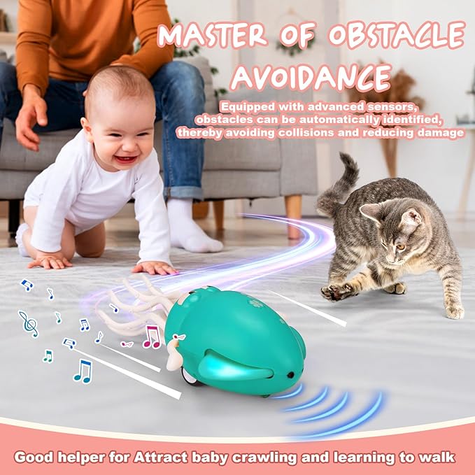 Palksky Dancing Squid Baby Toy in Tummy Time,Magic Electric Octopus Automatic Obstacle Avoidance Toy with Light & Music,Crawling Toys for Learning to Walk,Pink