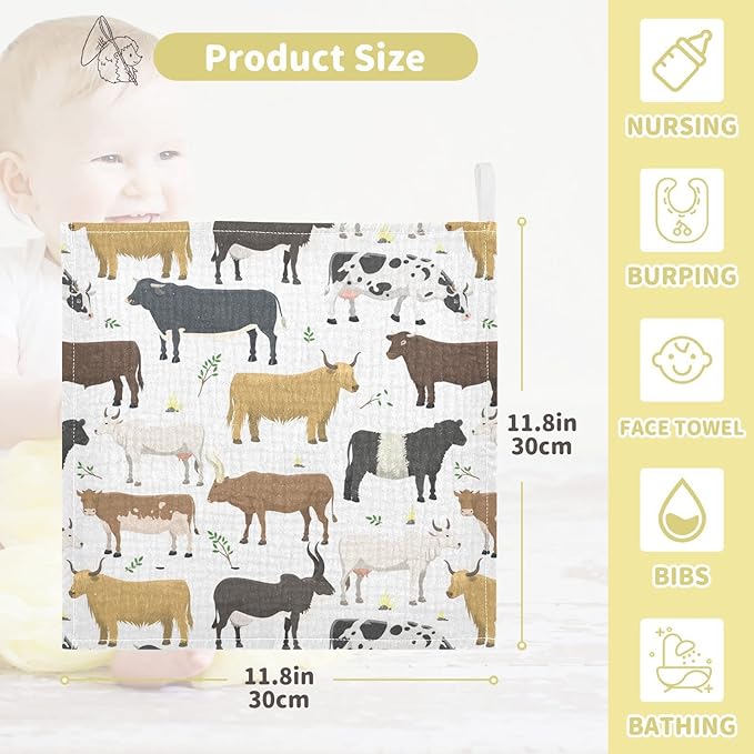 Baby Washcloths Cotton Bulls Cows Cattle Baby Muslin Washcloths Soft Baby Face Towel for Newborn Infants Baby Wipes, 11.8 X 11.8 Inch, 5 Pack White