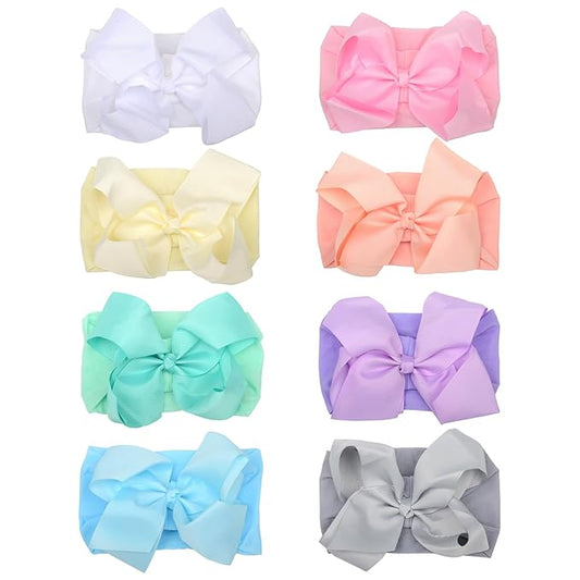 8 Pcs Baby Girls Headband Bows, Soft Nylon Hairbands Cute Big Bow Super Elastic Headband For Baby Girls Newborn Infant Toddlers (8 Pcs Girlish Heart, Large)