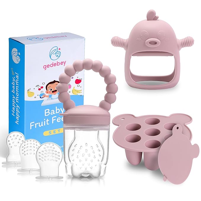 6-in-1 Baby Fruit Feeder Pacifier & Baby Food Feeder Set – Silicone Breastmilk Popsicle Mold with Freezer Tray, Teething Relief Toy, BPA Free Infant Feeder, 3 Sizes (S/M/L) Sacs (Blush)