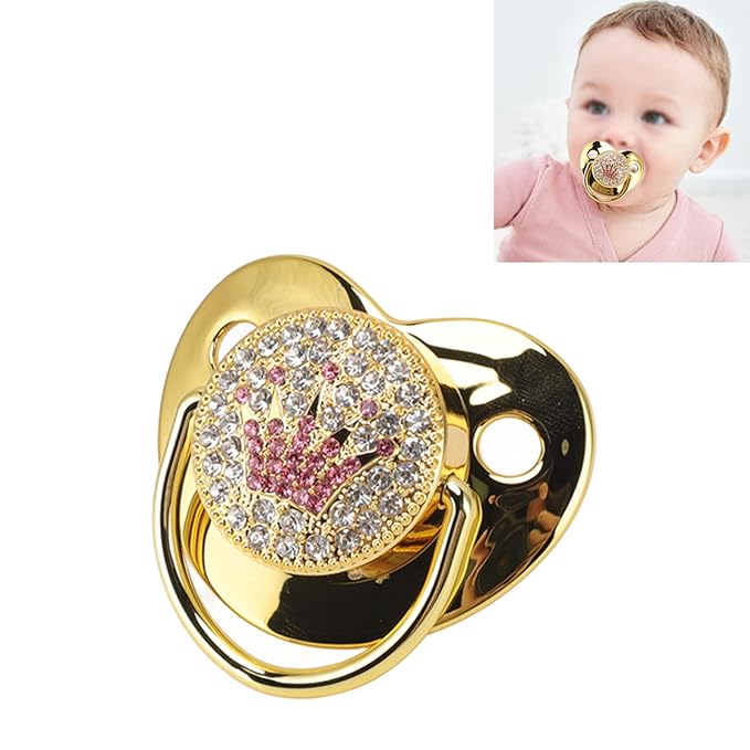 Baby Pacifier Symmetrical One Piece Design Nipple Shape Helps Promote Oral Development Ultra Light Soft Bling Silicone Newborn Pacifier for 6 to 18 Months Infant (Gold)