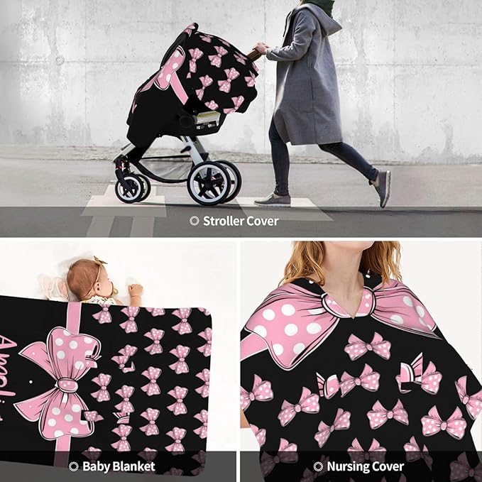 Personalised Bows Baby Car Seat Cover for Girls, Customized Carseat Covers with Name for Infant, Windproof Sun Protection Baby Carseat Canopy, Multi-use Nursing Breastfeeding Covers