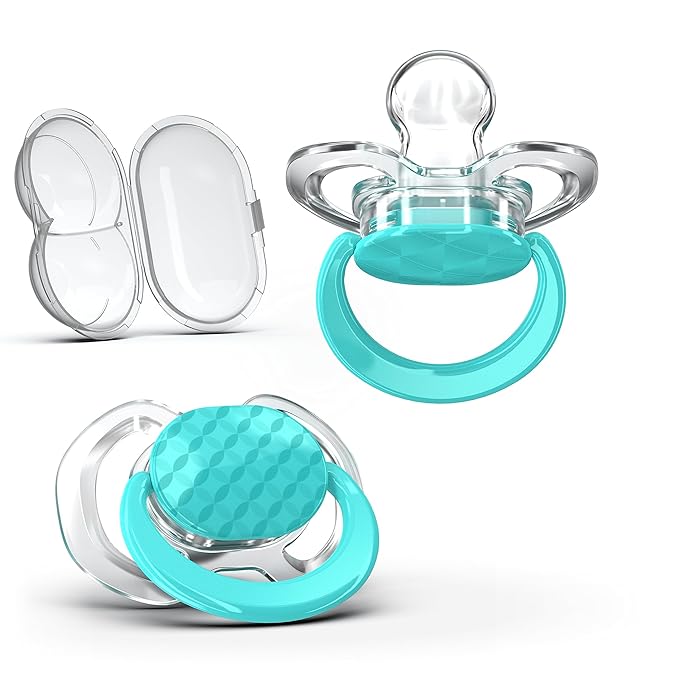 Smilo Baby Pacifier - 2 Pack of Slimline Pacifiers for Babies with Sterilization Box - Stage 2 for Babies 3-9 Months - 100% Silicone Newborn Pacifiers BPA Free - Aqua Blue