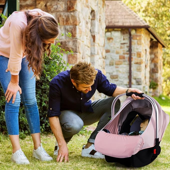 Baby Car Seat Cover, Original Carseat Covers with Adjustable Breathable Mesh Window & Pocket, Stretchy Infant Car Seat Canopy for Girls Boys, Kick-Proof Stroller Cover for Summer