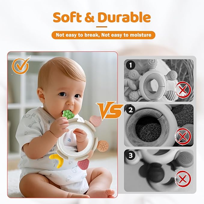 Baby Teething Ring Toy for 3-6-12 Months, Silicone Infant Teether for Sore Gum Relief, Soothing Sensory Chew Toys, Ideal Newborn Gift for Boys Girls Baby Shower, Birthday or Easter, Brown