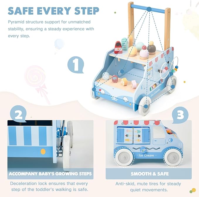 labebe Baby Push Walker, Wooden Activity Walker for Boys Girls 12M+, Push Walker Toy for Kids Learning to Walk, Adjustable Speed Learning Walking with Wheels, Birthday Gift for Babies Ages 1-3 (Blue)