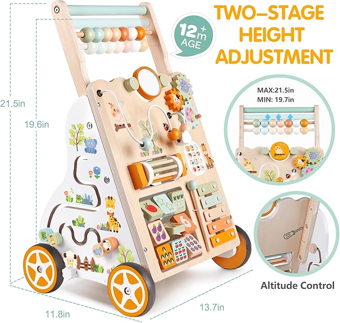 Wooden Baby Walker with Wheels, Push Walker with Baby Activity Center, Montessori Walking Toy for Girls Boys, Ajustable Speed & Height Activity Toy for Toddler Learning to Walk 12+ Months (Natural)