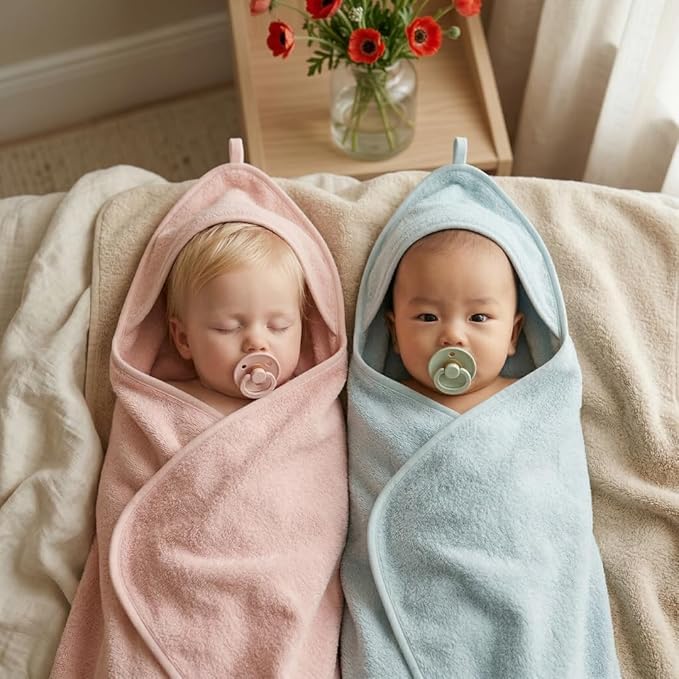 Hooded Baby Towels - 100% Organic Cotton Baby Bath Towels, 32" x 32" Super-Soft and Absorbent Baby Towels for Newborn 2-Pack (Blush/Baby Blue)