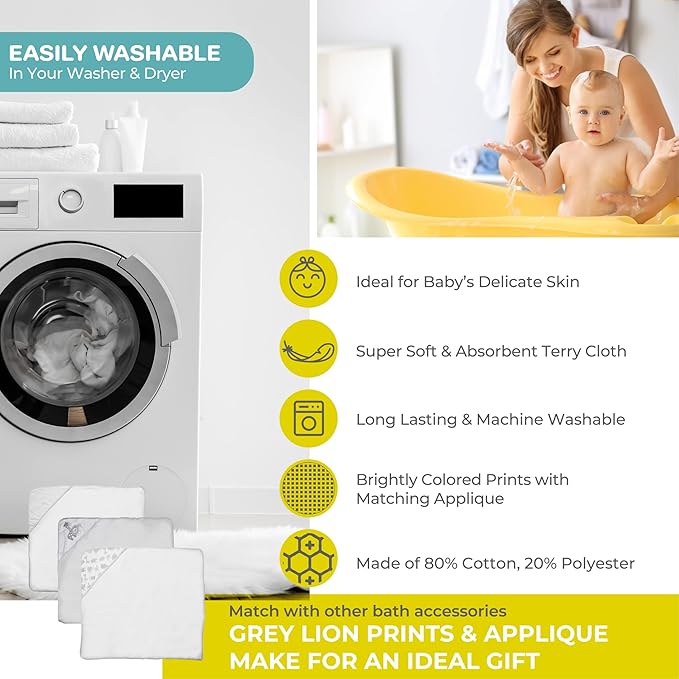 Spasilk Bath Hooded Towels & Washcloths Set for Babies, 2 Hooded Terry Bath Towels & 2 Washcloths, Grey Lion