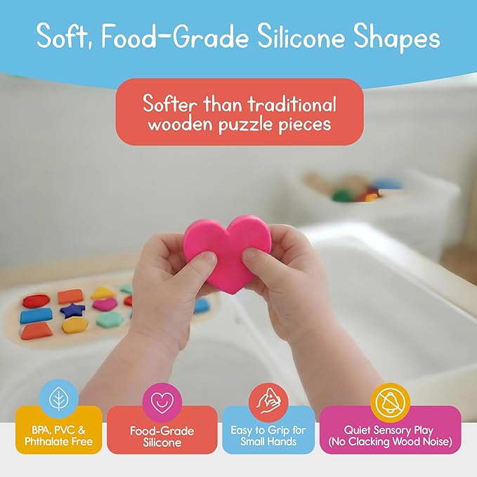 Shape Puzzle for Kids, Sensory Bin Insert for Sensory Tables, Silicone Geometric Shapes, Wooden Fine Motor Learning Toy by 7 Days of Play