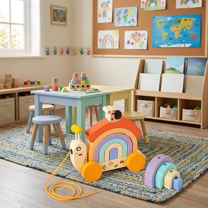 Wooden Push and Pull Snail Toy with Removable Colorful Stacker, Wood Snail Rainbow Stacker with Wheel - Ideal for Grasping Practice and Developing Hand - Eye Coordination Motor Skills