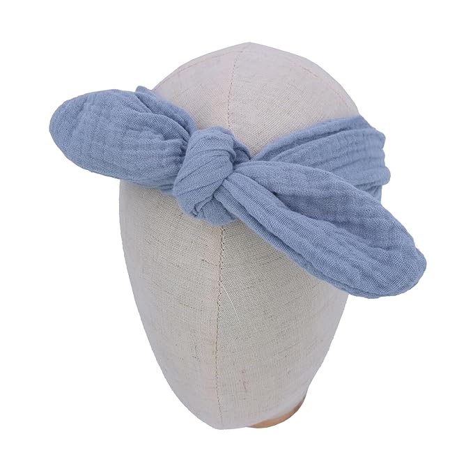 Sugarmelon Original Cotton Gauze Headband for Newborn Toddler Infant Baby Girl Kids Muslin Cotton Hair Bow Headbands Turban Elastic Hair Bands (2 pcs Smoke Blue)