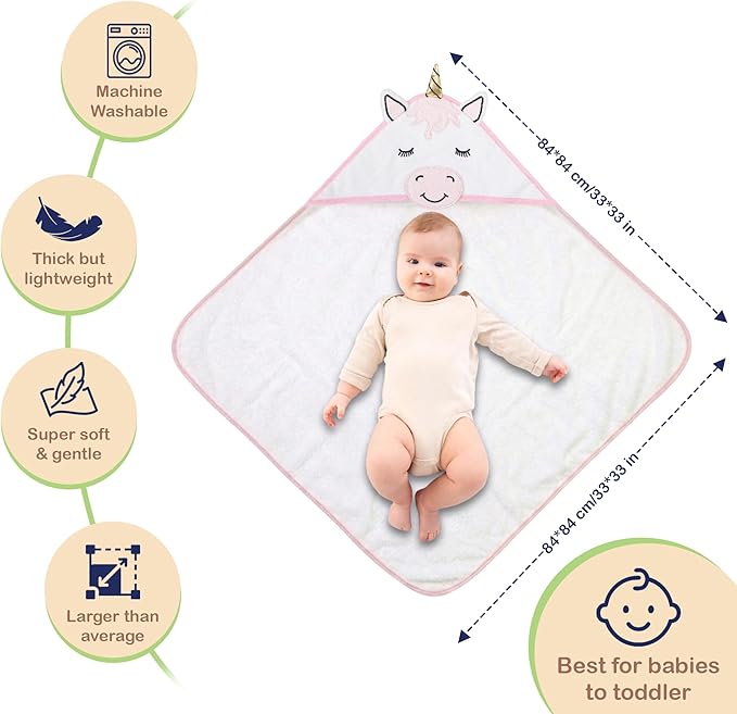Mother's Choice 100% Organic Cotton Hooded Baby Towels - Large Size, Ultra-Soft & Absorbent Baby Towels with Hood for Newborns, Infants, Toddlers, Boys & Girls with Animal Hood (Unicorn)