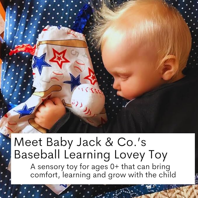 Baby Jack & Co. Sensory, Educational & Closed Ribbon Tag Lovey Blanket with Security Plush: 10"X10" (Baseball)