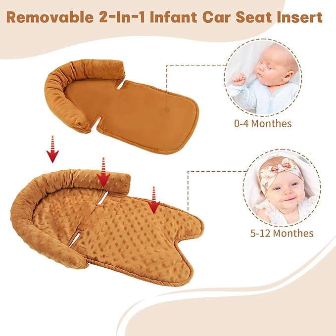 Infant Car Seat Insert, HNHUAMING Baby Car Seat Head & Body Support with 2 Straps Pads, Ultra Soft Newborn Preemie Carseat Insert Cushion for Girls Boys, Fits Car Seat, Stroller, Swing, Bouncer, Brown